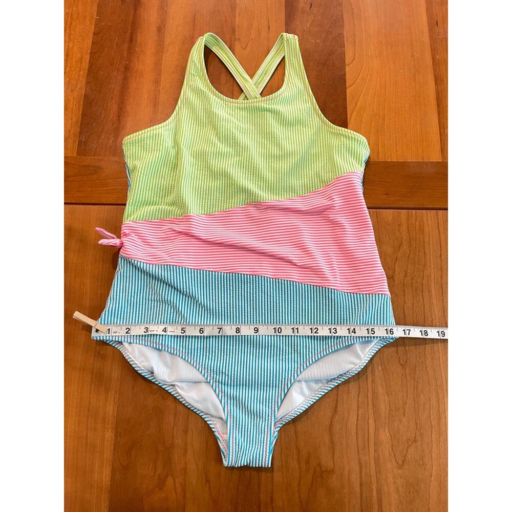Lands End Girls One Piece Swimsuit Size 16 Colorblock Seersucker Stripe Swimwear - Picture 6 of 10